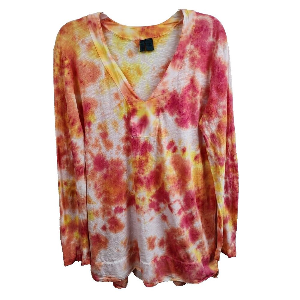 Anthropologie Left Of Center Womens Top Small Pink Yellow Tie‎ Dye Long Sleeves